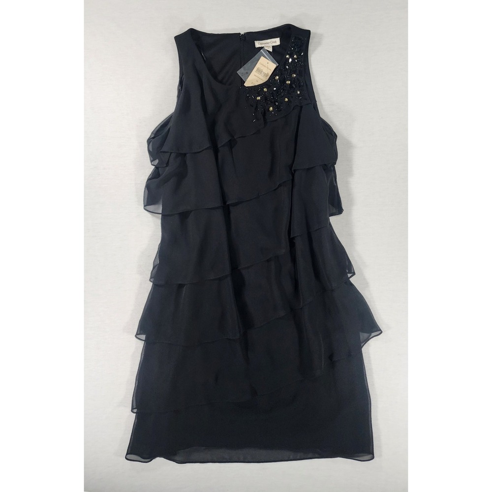 Coldwater Creek Deco Tiered Dress Women 14 Black Chiffon Beaded Ruffle Cocktail
